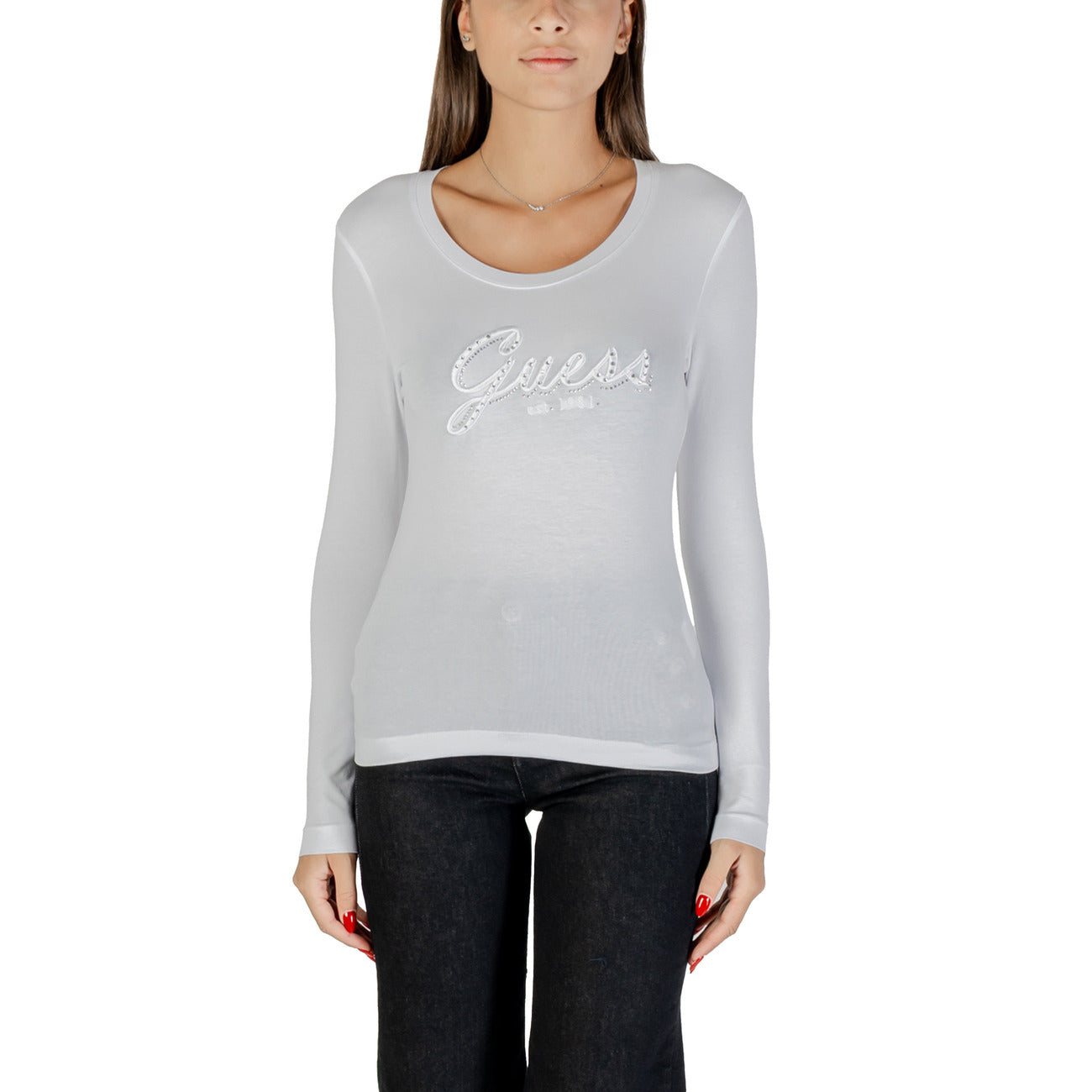 Guess T-Shirt Donna - Maglia Nera a Maniche Lunghe con Logo Glitterato