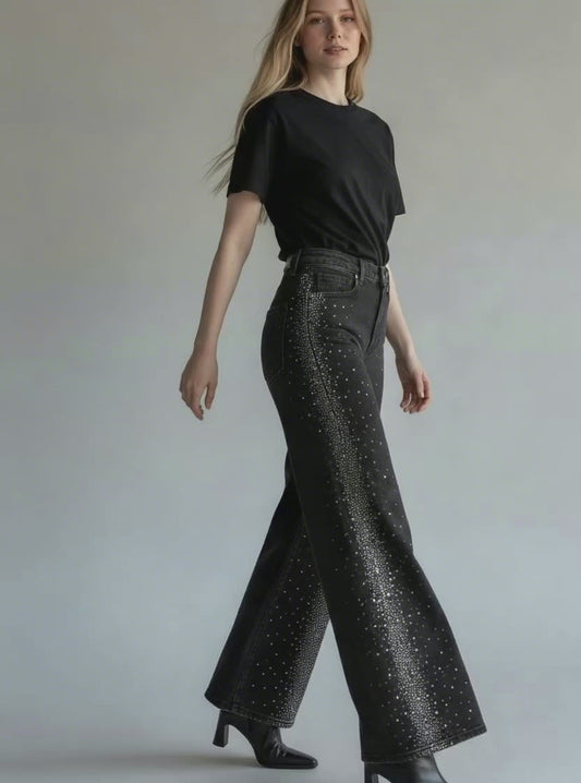 JEANS DONNA NERI A GAMBA LARGA CON APPLICAZIONI BRILLANTI - CHANGE OFF