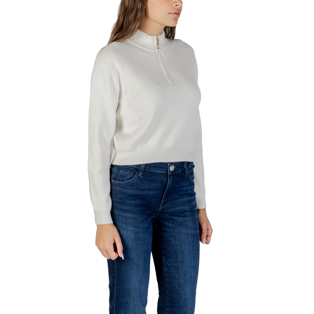Guess Maglia Donna - Maglia Donna Guess a Mezza Zip Colore Panna/Bianco – Modello Cropped (Harley)