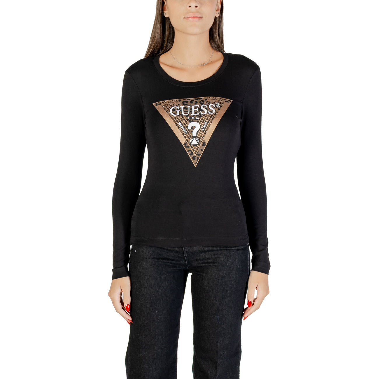 Guess T-Shirt Donna - Maglietta Manica Lunga con Maxi Logo Triangolare Animalier