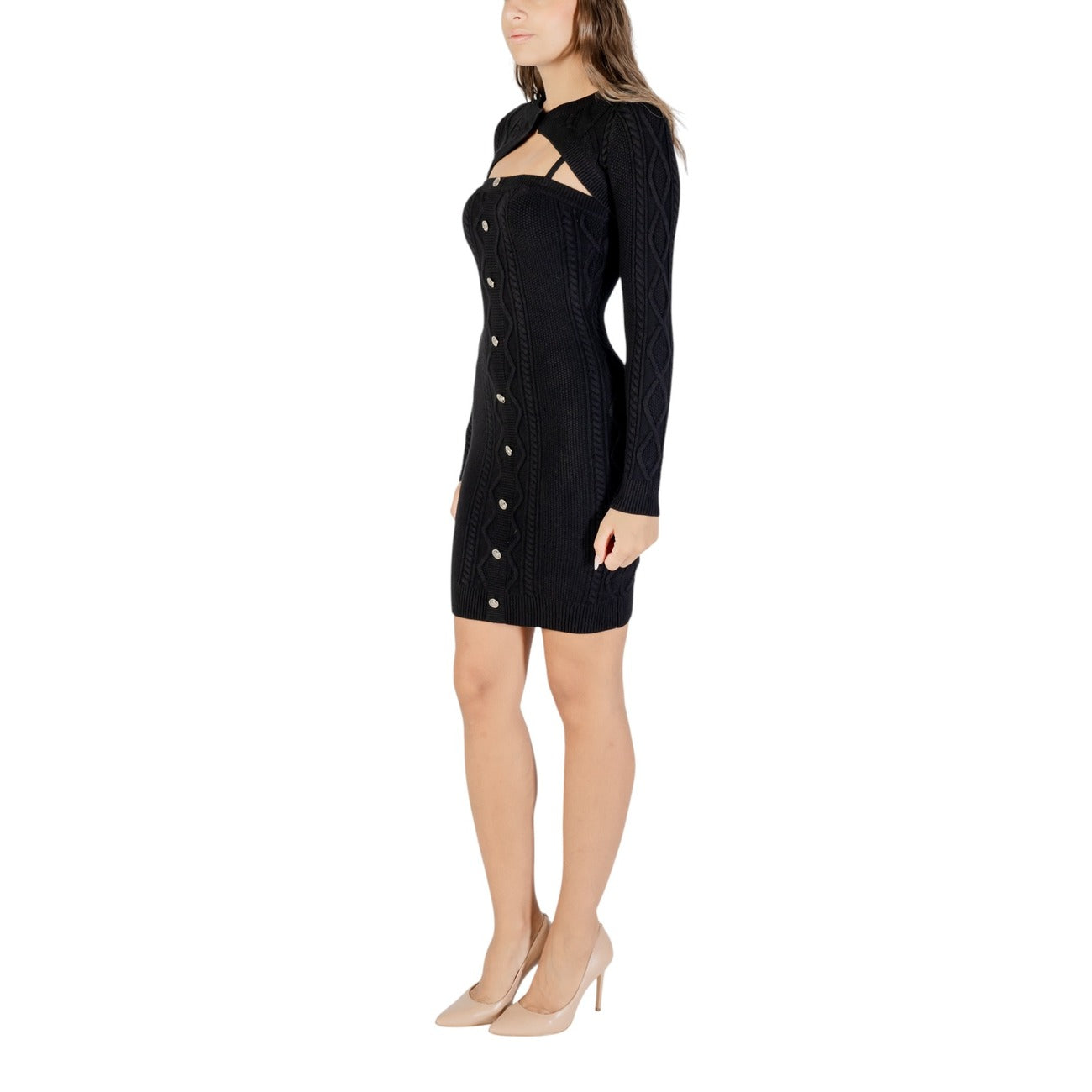 Guess Abito Donna - Maglia Guess Nero Donna Cut-Out Mini con Bolero Coordinato e Bottoni Decorativi