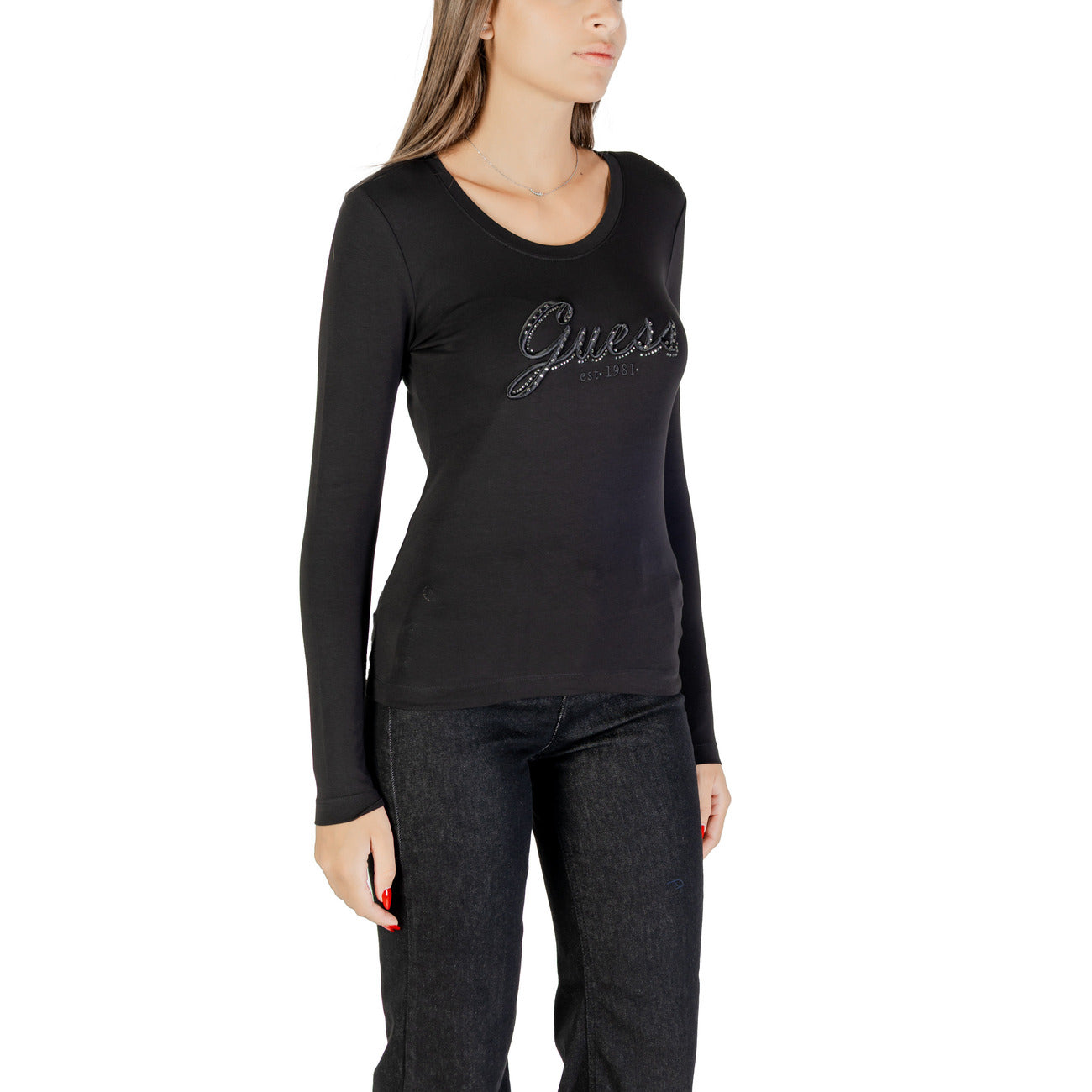 Guess T-Shirt Donna - Maglia Nera a Maniche Lunghe con Logo Glitterato