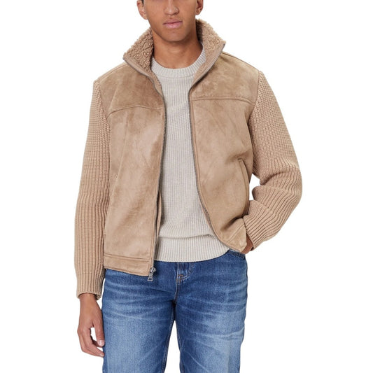 Guess Giubbotto Uomo - Effetto Pelle Scamosciata Beige/Camel con Maniche in Maglia Lavorata a Coste - Collo Teddy