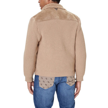 Guess Giubbotto Uomo - Effetto Pelle Scamosciata Beige/Camel con Maniche in Maglia Lavorata a Coste - Collo Teddy
