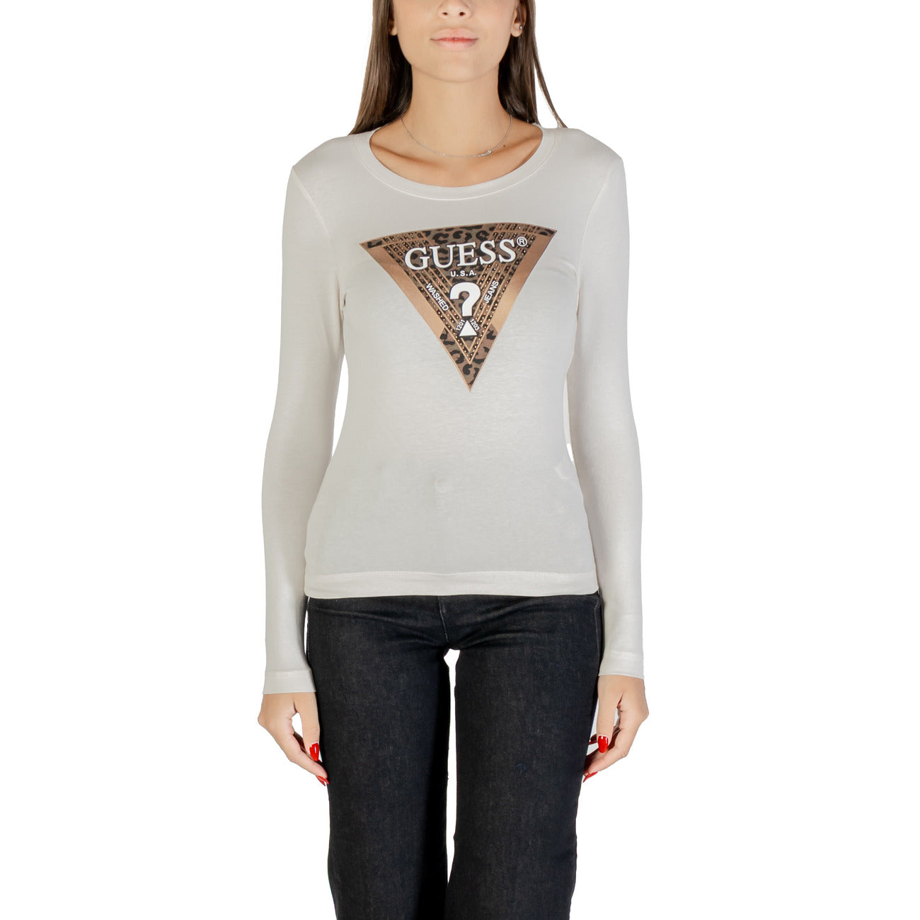Guess T-Shirt Donna - Maglietta Manica Lunga con Maxi Logo Triangolare Animalier