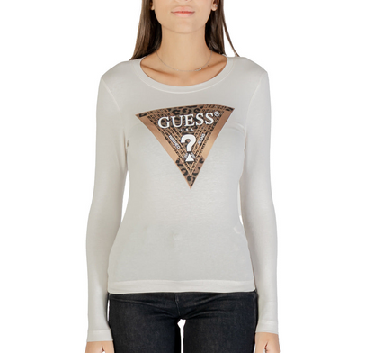 Guess T-Shirt Donna - Maglietta Manica Lunga con Maxi Logo Triangolare Animalier