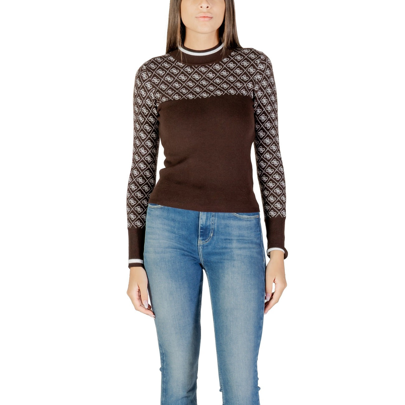 Guess Maglia Donna - a Maniche Lunghe in Maglia Fine con Motivo Geometrico - Beige/Cammello