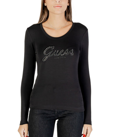 Guess T-Shirt Donna - Maglia Nera a Maniche Lunghe con Logo Glitterato
